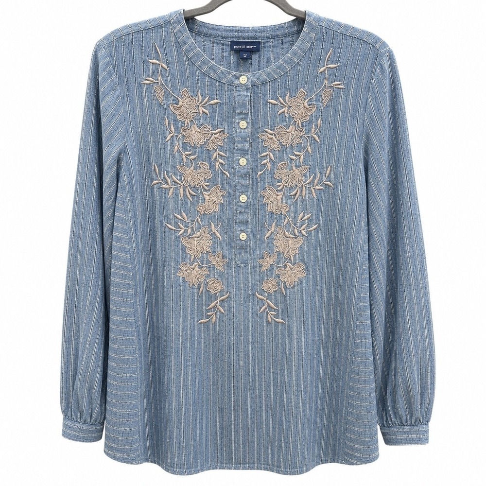 Pure Jill Womens XL Top Blue Striped Floral Embroidered Henley Cotton Beach